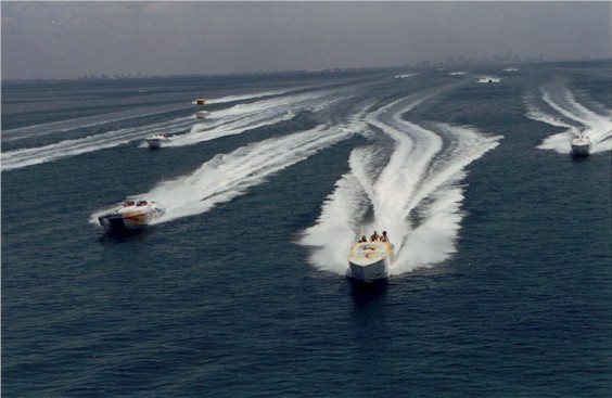 CALM SEAS!
Day One.  Leaving Miami in our wakes... the Easter Poker Run fleet heads south through Biscayne Bay, with Medicine Man in the lead.
