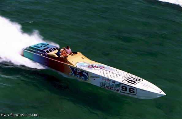 INXS GETS ON IT!
INxs, crankin' it up across Biscayne Bay. The triple engine 47 Apache once raced on the Superboat circuit, but is now owned by Roger Wittenberns of Fort Lauderdale, who goes on several FL Powerboat Club events.
